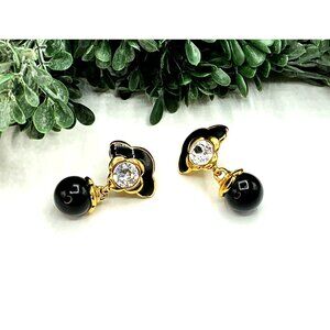 Gold and Black Enamel Flower Earrings With Crystal Accents and Black Beads